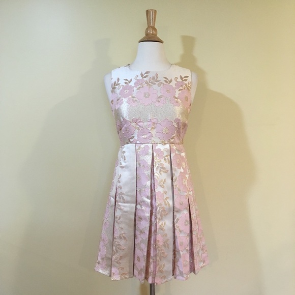 💥 CLEARANCE Gold Blush Floral Lace Pleated Dress - Picture 2 of 4